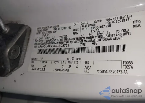 2017 Ford Escape S из США, поврежденный, VIN 1FMCU0F79HUB03729